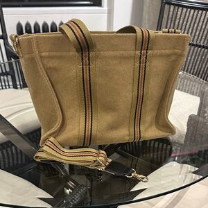 Elegant Tan/Olive Tote with Striped Strap